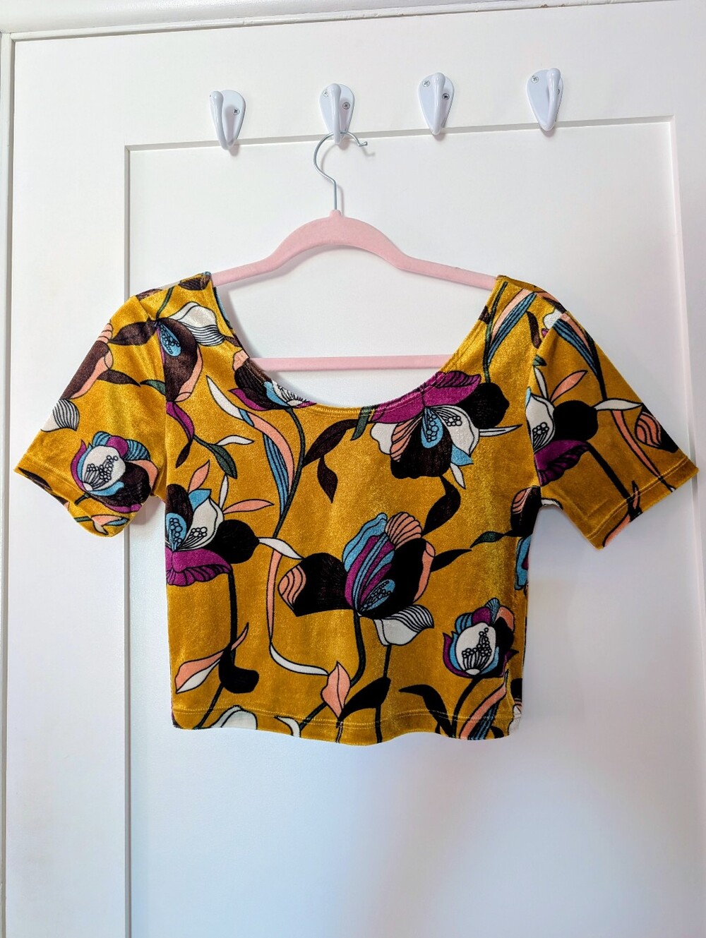 Velvet Mustard Floral Scoop-Neck Crop Top
